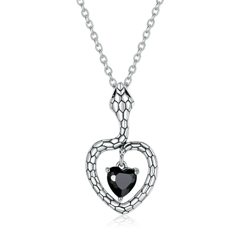 Mysterious Snake Necklace Heart Black Gem 925 Sterling Silver