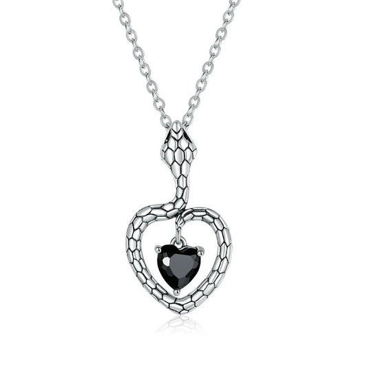 Mysterious Snake Necklace Heart Black Gem 925 Sterling Silver