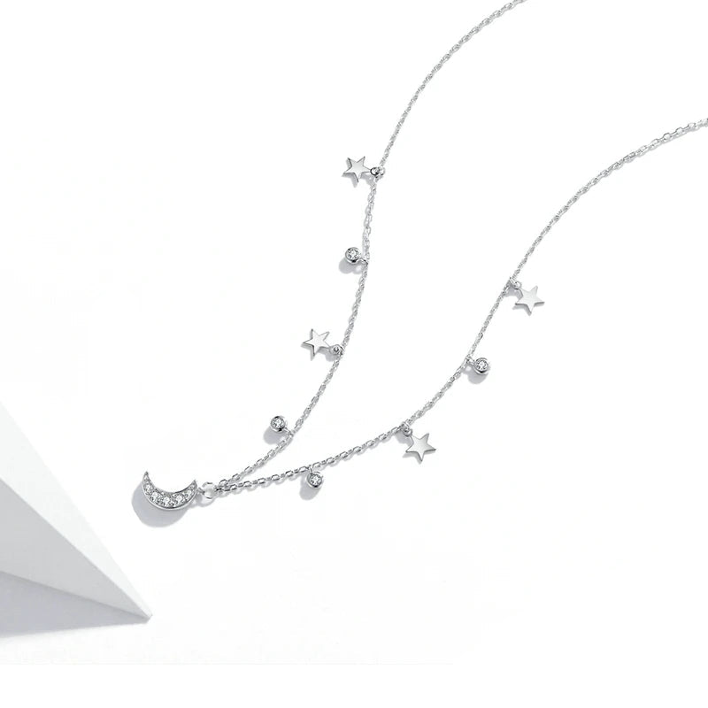 White Moon & Star Necklace 925 Sterling Silver