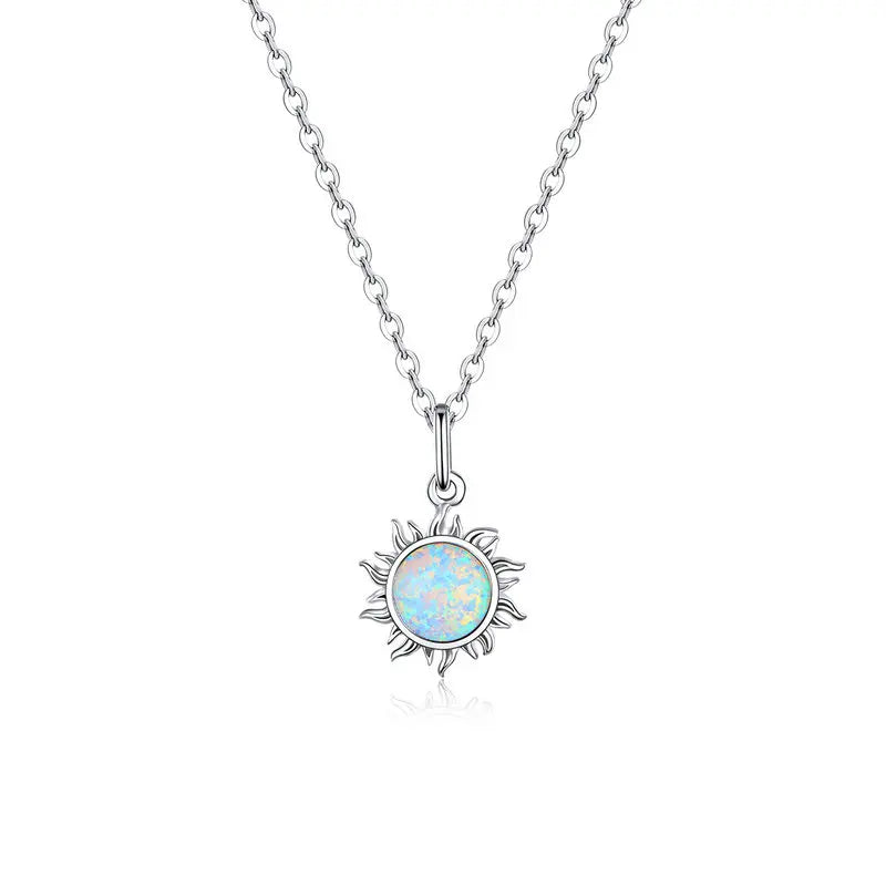 White Opal Sun Pendant Necklace 925 Sterling Silver