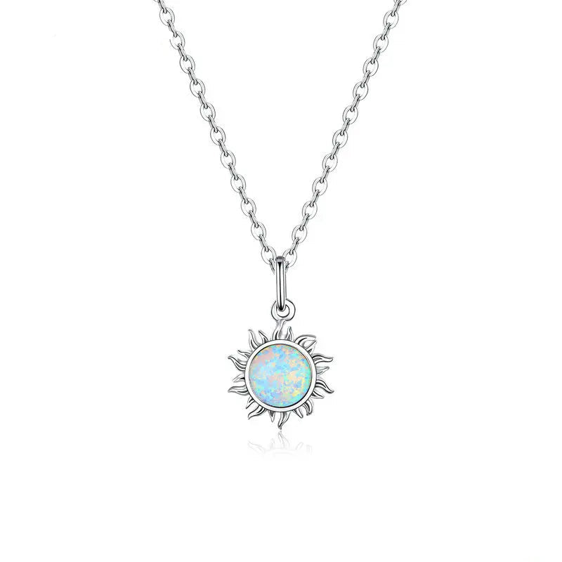 White Opal Sun Pendant Necklace 925 Sterling Silver