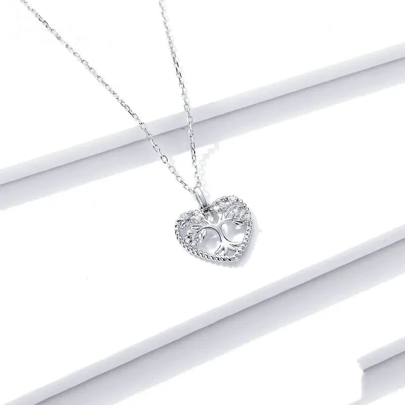 Tree of Life Heart Pendant Necklace - 925 Sterling Silver - Cubic Zirconia