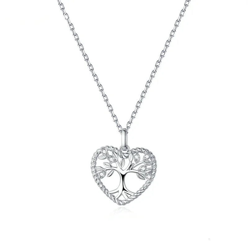 Tree of Life Heart Pendant Necklace - 925 Sterling Silver - Cubic Zirconia