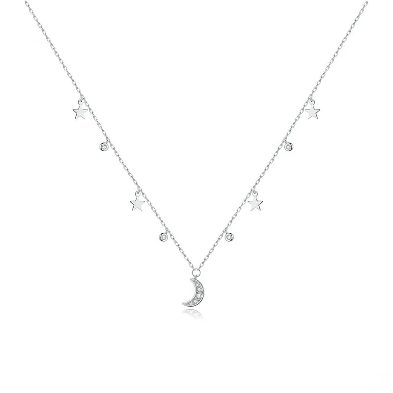 White Moon & Star Necklace 925 Sterling Silver