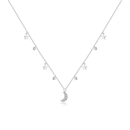 White Moon & Star Necklace 925 Sterling Silver