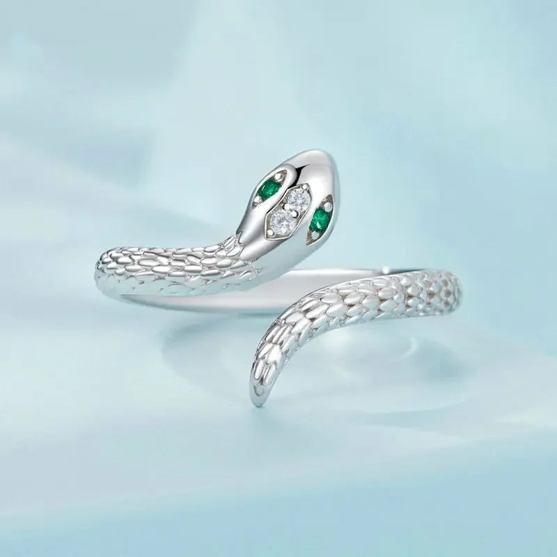 Snake ring 925 Sterling Silver Green Zircon