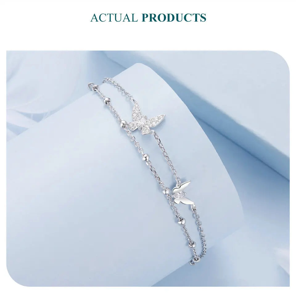 Womens Double-Layer Butterfly Bracelet 925 Sterling Silver cubic zirconia