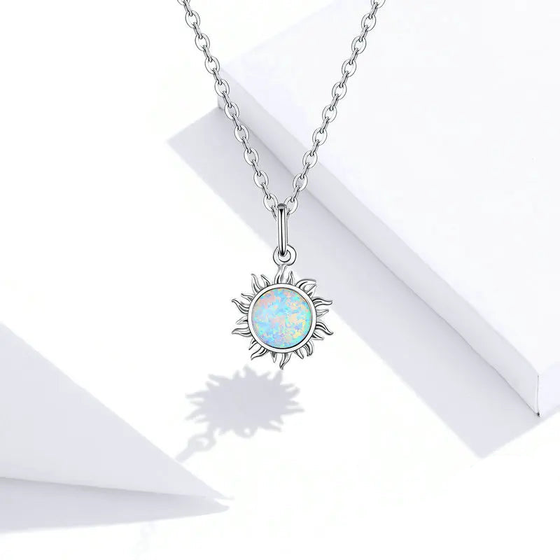 White Opal Sun Pendant Necklace 925 Sterling Silver