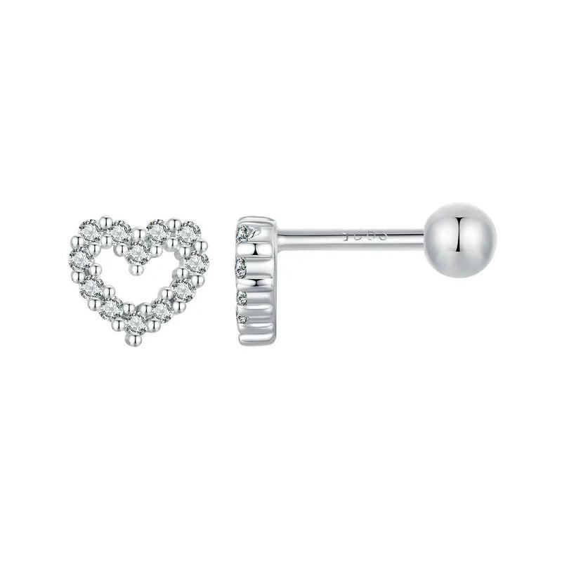 Heart sterling silver screw-back earrings for woman and set with cubic zirconia