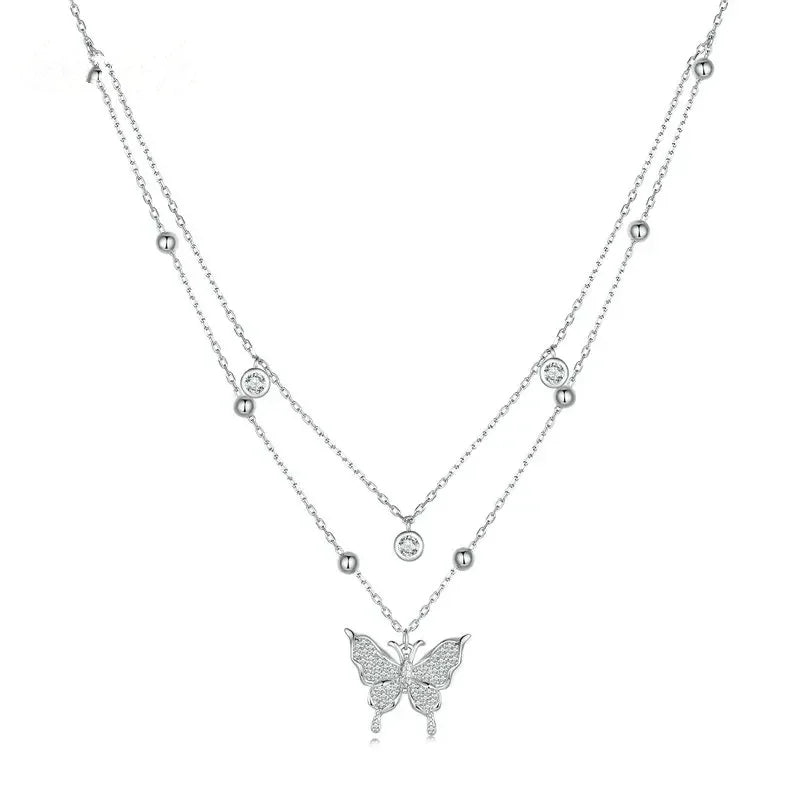 Double-layer Tassel Butterfly Necklace 925 Sterling Silver