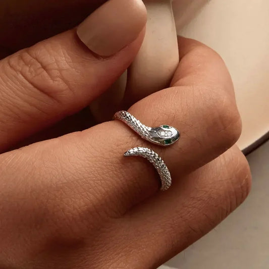 Snake ring 925 Sterling Silver Green Zircon