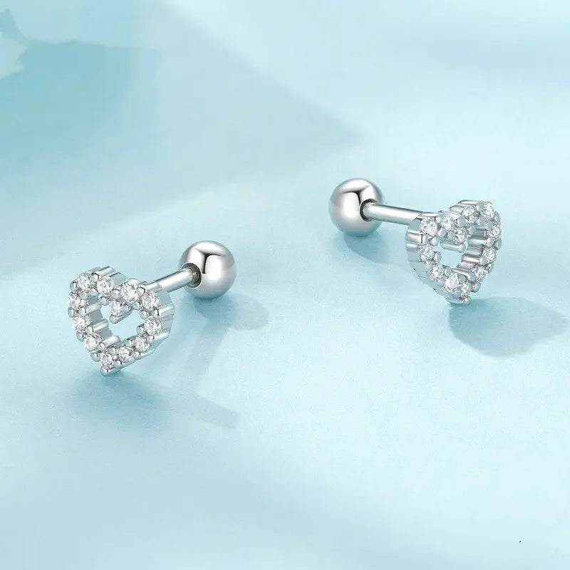 Heart sterling silver screw-back earrings for woman and set with cubic zirconia